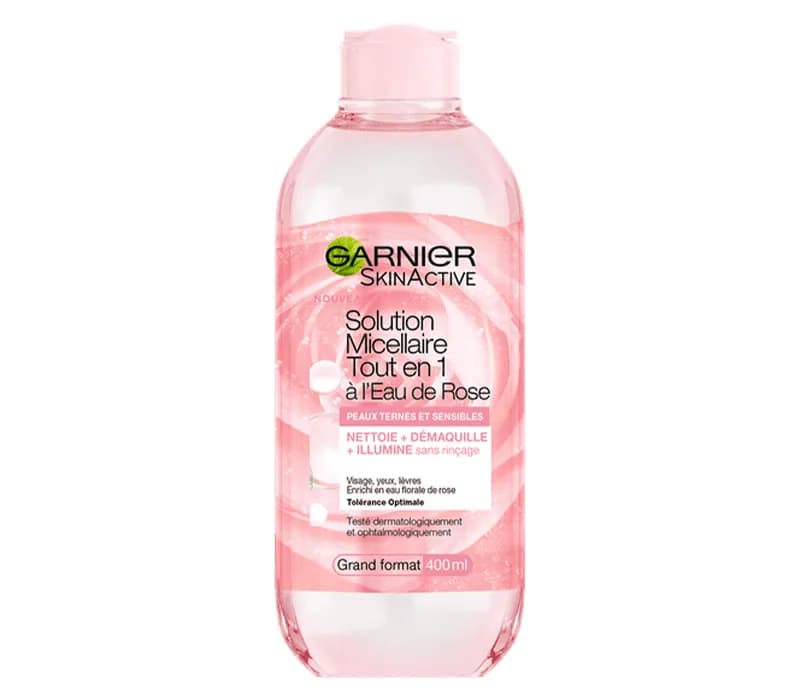 GARNIER SKINACTIVE SOLUTION MICELLAIRE À L’EAU DE ROSE TOUT EN 1 PEAUX TERNES ET SENSIBLES 400ML